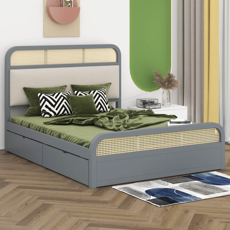 Athenia Queen size Wooden Platform Bed with Trundle and 2 Drawers, Gray