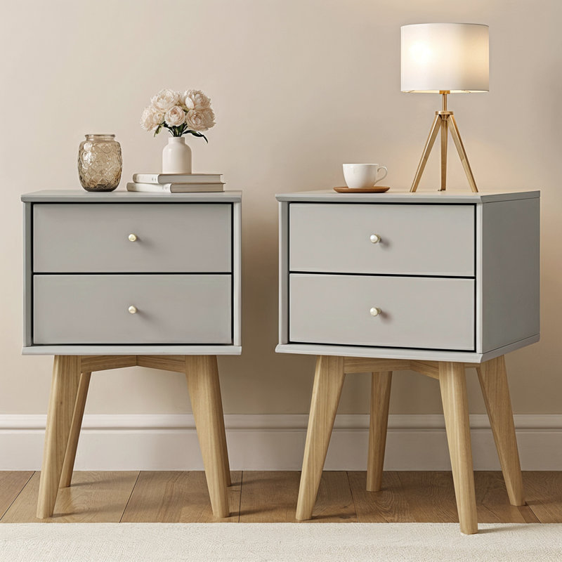 Manufactured Wood Bedside Table Sets of 2, Light Grey Euro Oak