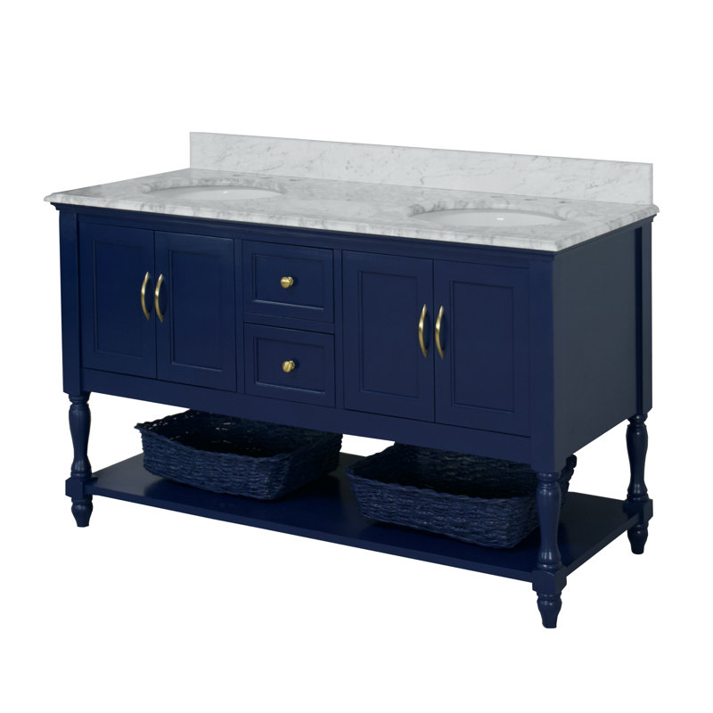 Ensemble de meuble-lavabo double Hampton, Marbre de Carrare, Bleu royal