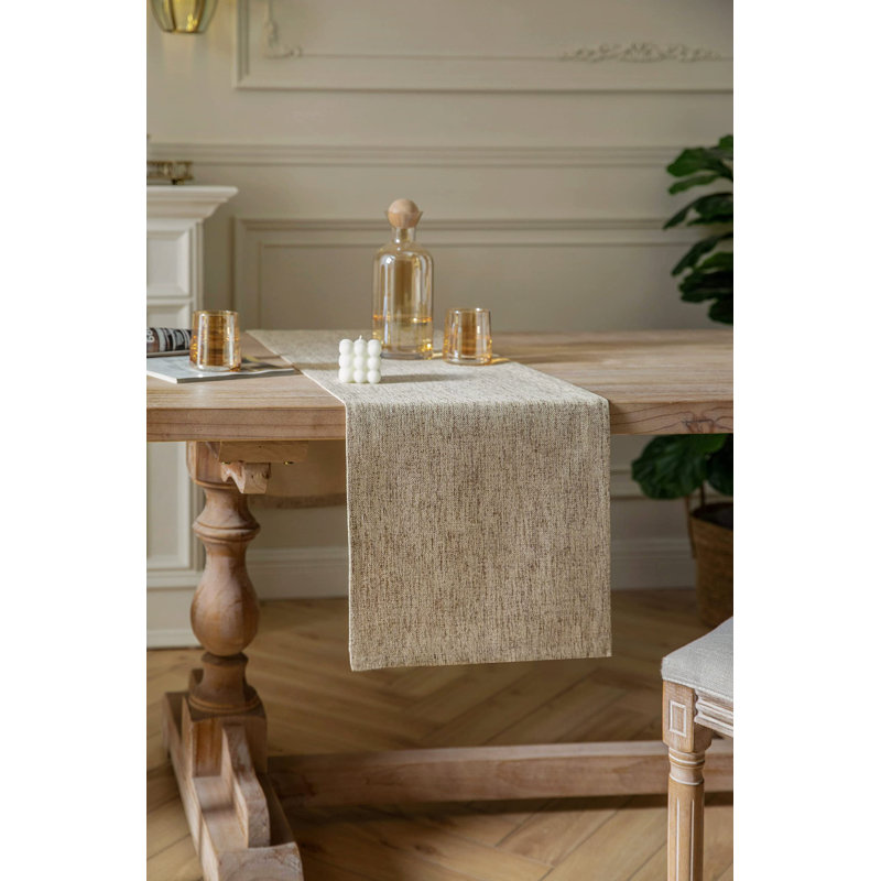 Oatmeal Beige Rustic Polyester Farmhouse Table Runner, 14x90 Inches