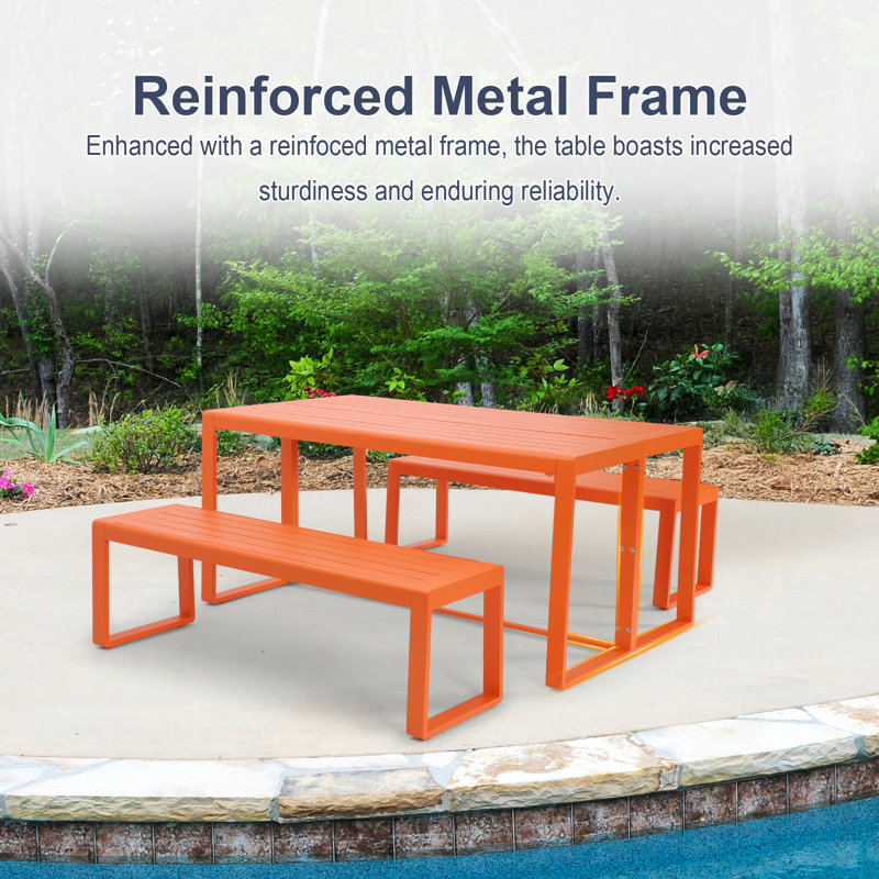 Aoodor 3-Piece 63" Metal Outdoor Patio Dining Set with Rectangular Table and Benches, Orange