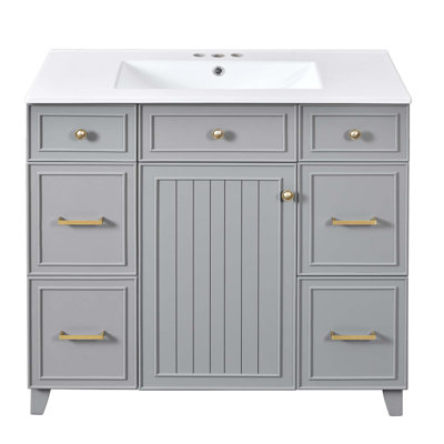 Meuble-lavabo 36 po avec lavabo en céramique, structure en bois massif, portes à fermeture en douceur, tablettes réglables, 3 tiroirs, y compris un tiroir à double profondeur pour le rangement du sèche-cheveux