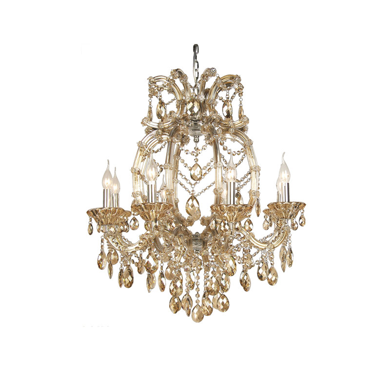 Lustre géométrique à 8 lumières de style bougie avec cristaux Bender, Teck doré