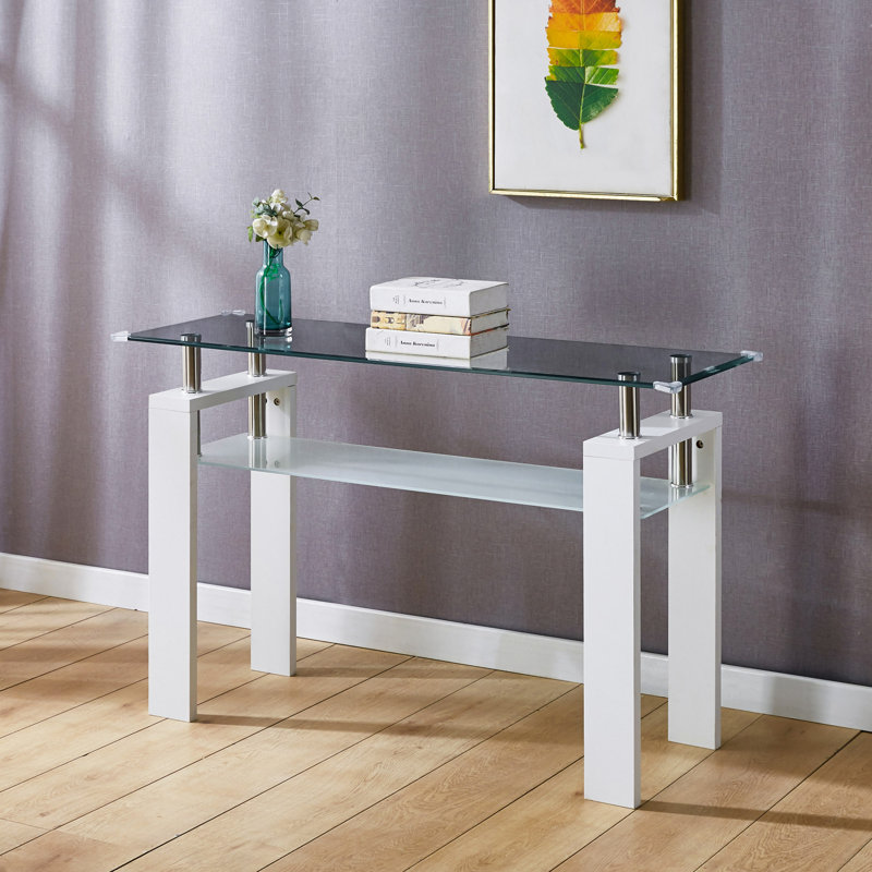 Console en panneau de fibres à densité moyenne, plateau en verre trempé, table de vestibule moderne, Blanc