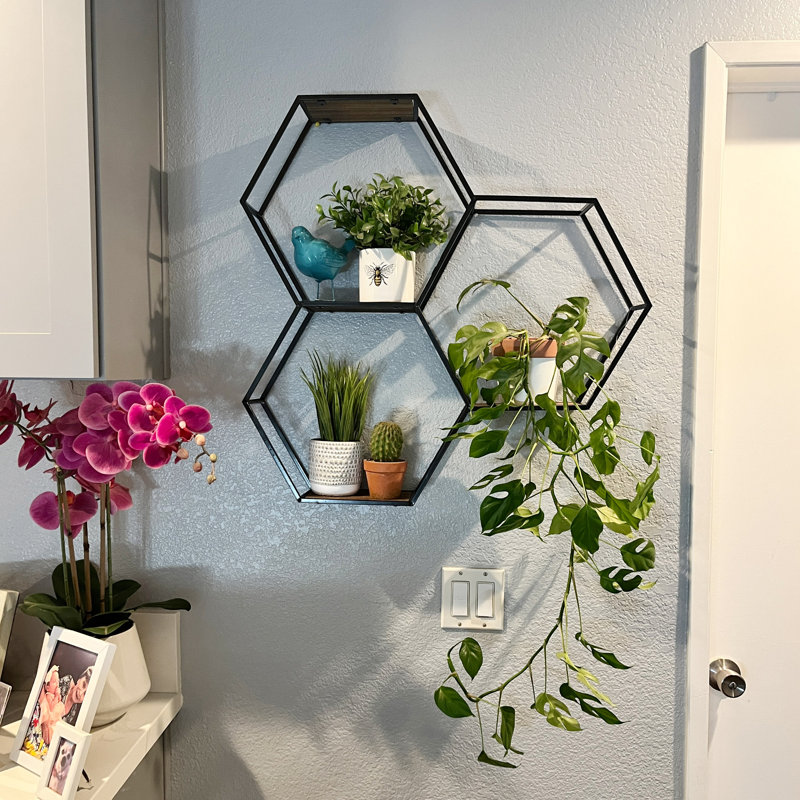 Tablette flottante hexagonale en bois massif 3 pièces Shantea