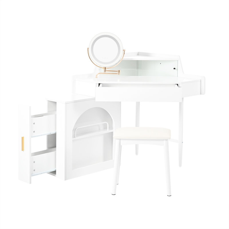 Makeup Vanity With 360 Rotating Round Mirror, 3 - Color Lighting, Movable Side Cabinet, And Inner Foam Cushioned Stool Space Saving Rotatable Hd Led Lights, Display Shelf For Beauty Tools