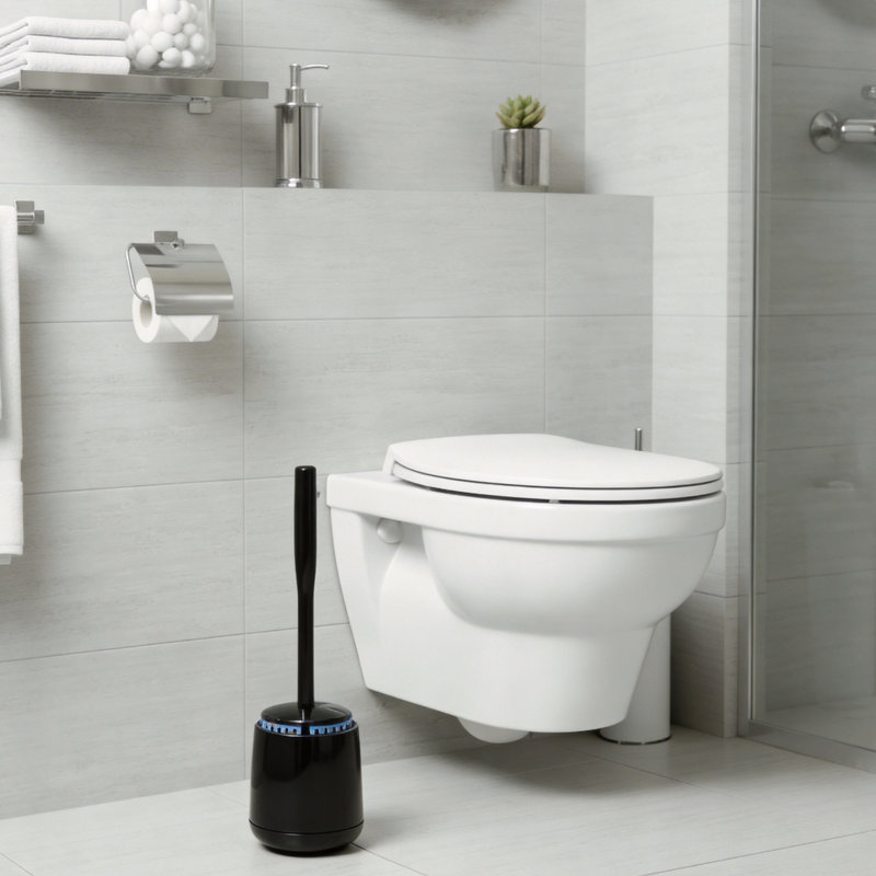 Brosse de toilette noire et porte-brosse (ensemble 1 pièce), poignée solide de haute qualité, poils durables, accessoire pratique pour le nettoyage en profondeur des salles de bain.