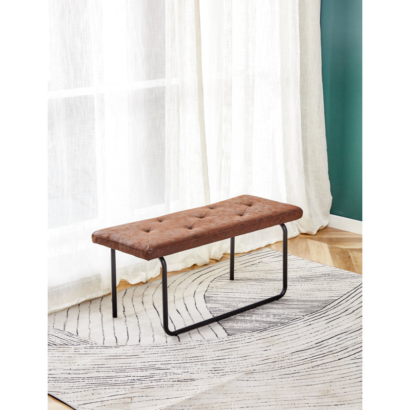 Modern Faux Leather Upholstered Bench With Metal Base, Brown