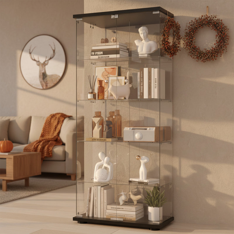 Jabdiel 5-Shelf Tempered Glass Display Cabinet with LED Light,  and 2 Doors, Black