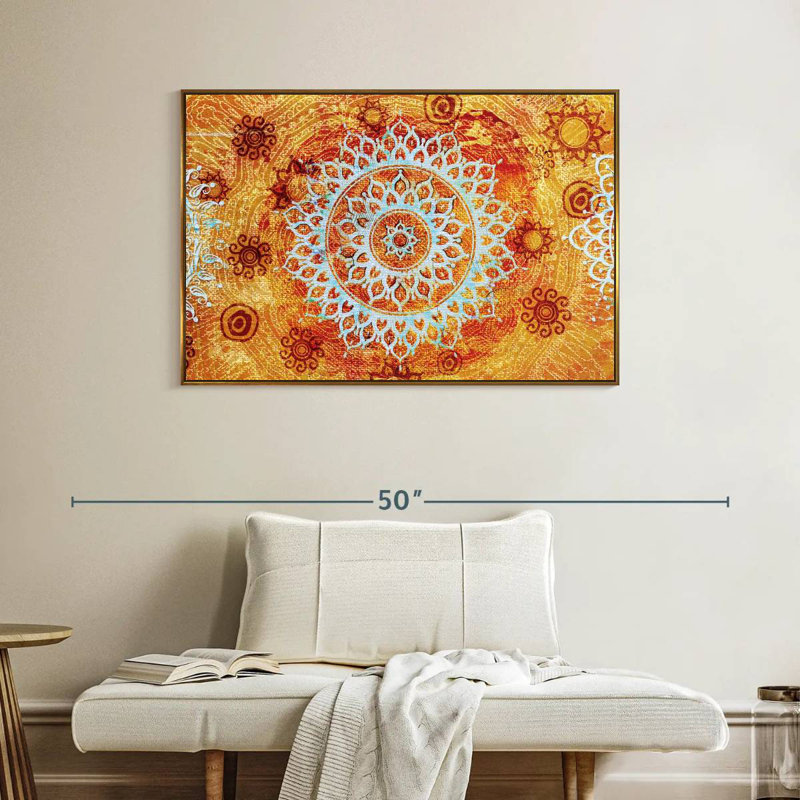 Soleil comme mandala, Cadre flottant doré, 40 po x 27 po