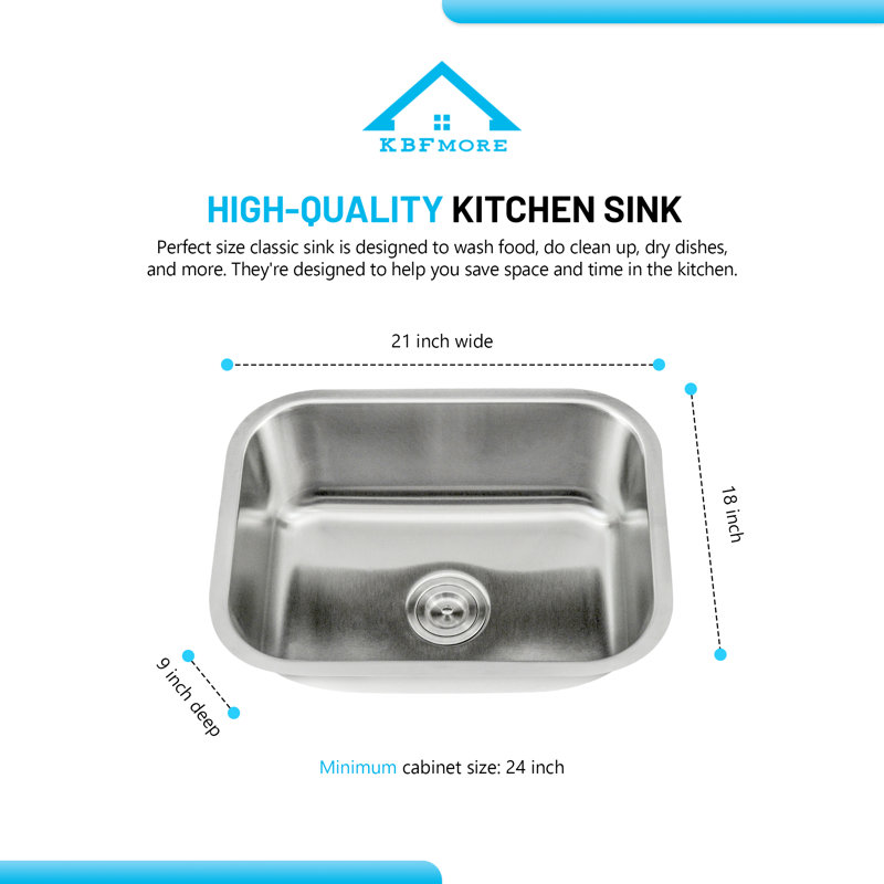 Évier de cuisine en acier inoxydable à simple cuve encastrable de calibre 18 KBFmore Classic, L 21 po x l 18 po x P 9 po