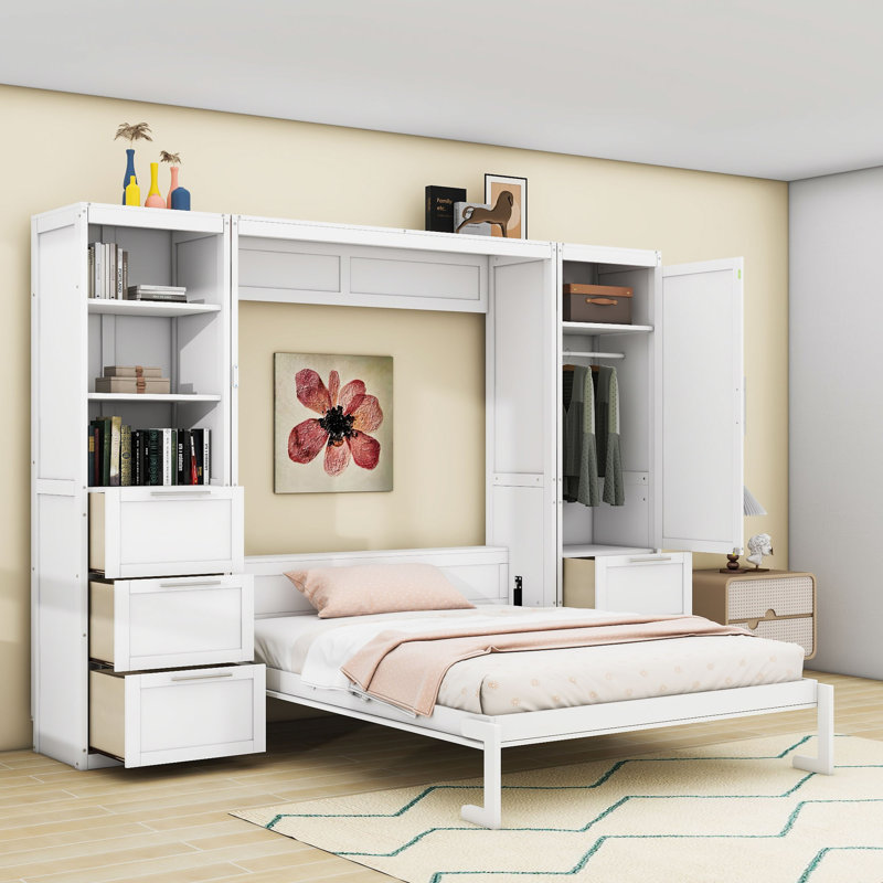 Murphy Bed with Closet, Drawers and Shelves, White