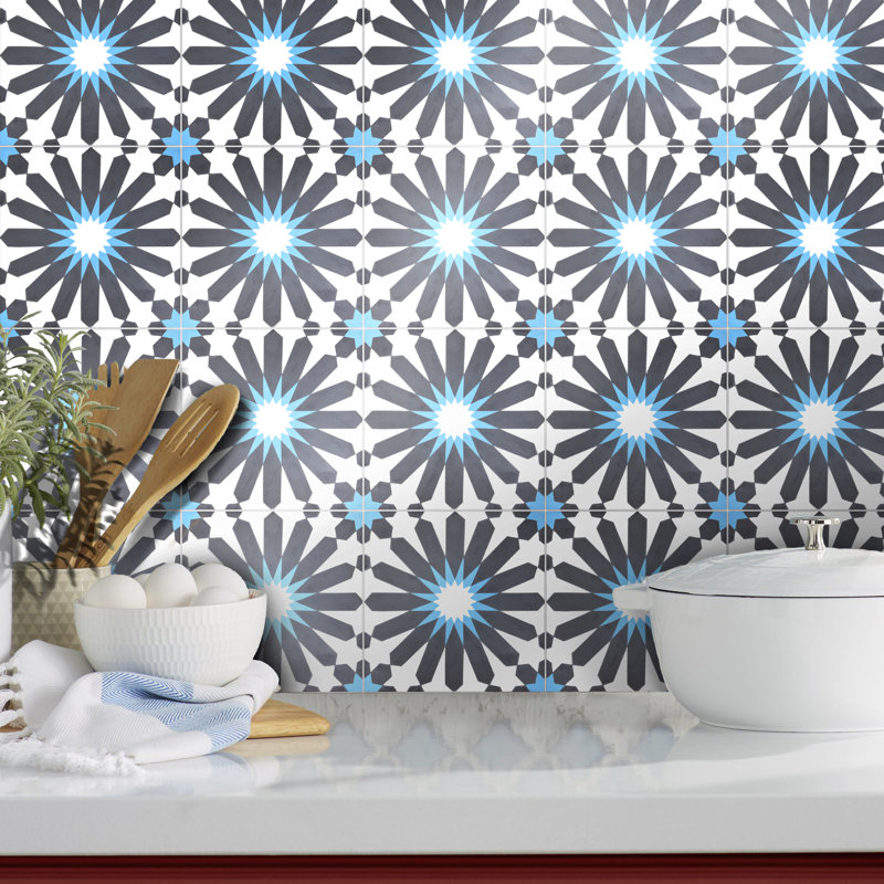 Alhambra 8" x 8" Cement Singular Wall and Floor Tile, Black/White