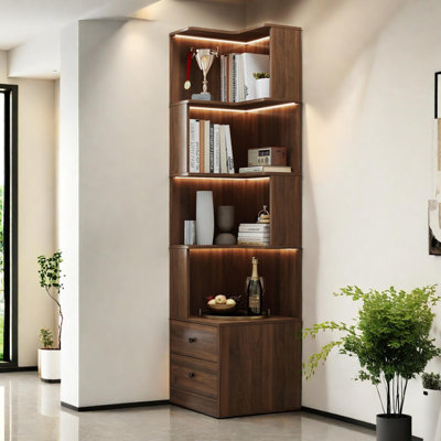 4-Tier Corner Bookshelf with Drawers and LED Lights for Home or Office