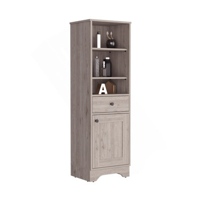 Armoire à linge brûlé, un tiroir, une armoire, plusieurs tablettes, finition gris clair