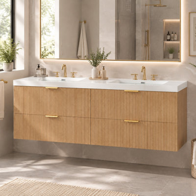 Meuble-lavabo double de 152 cm avec 4 tiroirs, rangement mural suspendu, façade cannelée et poignées dorées, style contemporain, idéal pour la salle de bain principale ou la suite d'invités.