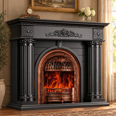 52" Electric Fireplace with Bronze Mantel, Solid Wood Fireplace TV Stand with Heater