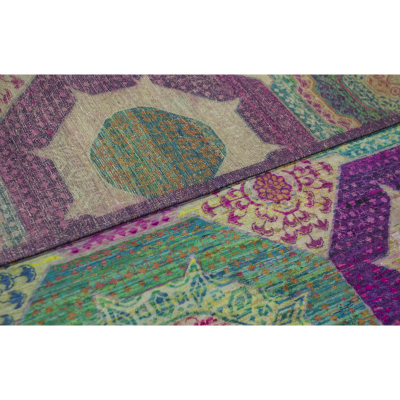 Tapis de zone multicolore en laine noué la à la main geometric Mohit