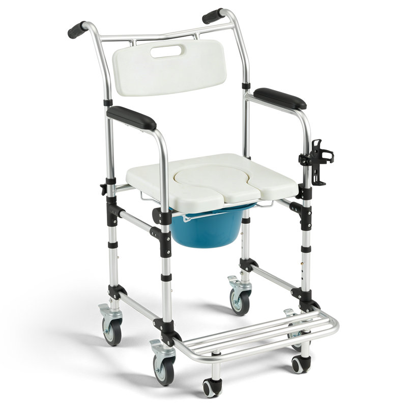 4-In-1 Bedside Commode Shower Wheelchair For Seniors And Disabled - Lockable Wheels, Detachable Bucket, Padded Seat And Armrests, Flip-Up Footrest, White