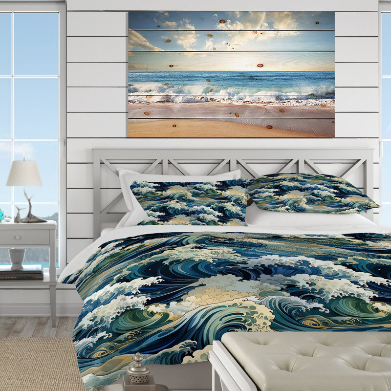 Waves Japanese Hokusai Pattern - Ensemble de housse de couette Coastal, Housse de couette pour très grand lit et 2 très