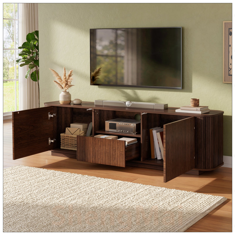 Meuble télé moderne pour téléviseur de 80 po ou moins avec amplement de rangement et coins arrondis, parfait pour le divertissement dans le salon
