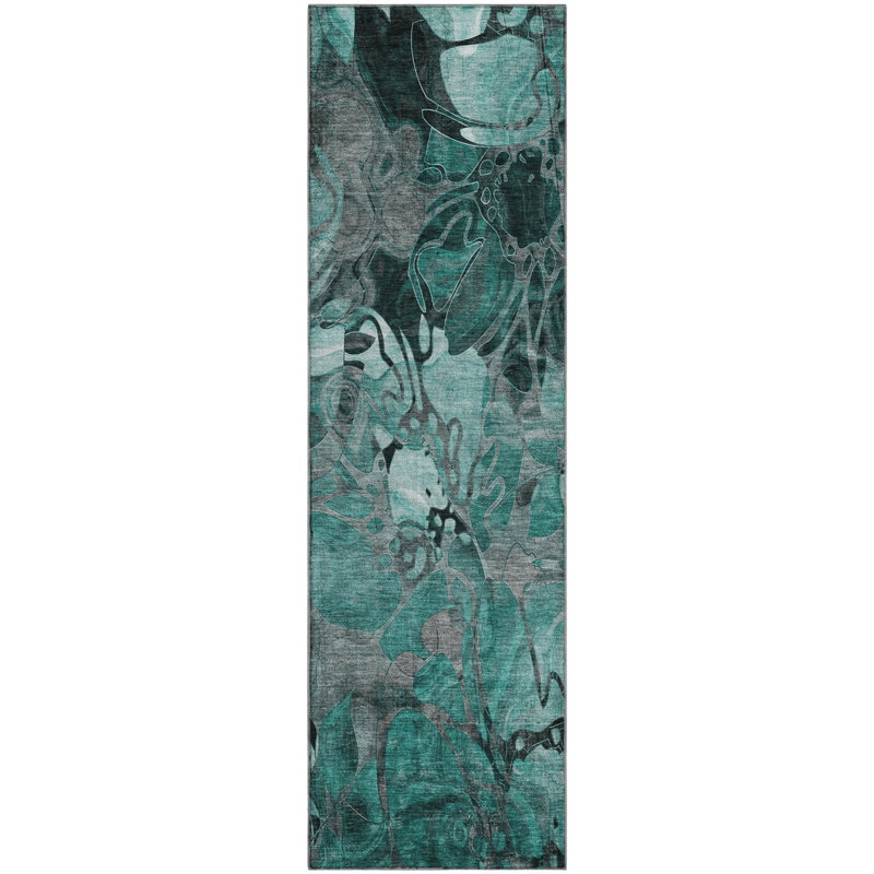 Premium Machine Washable Cerrito AMF558 Teal Rug, Runner 2'3" x 7'6"