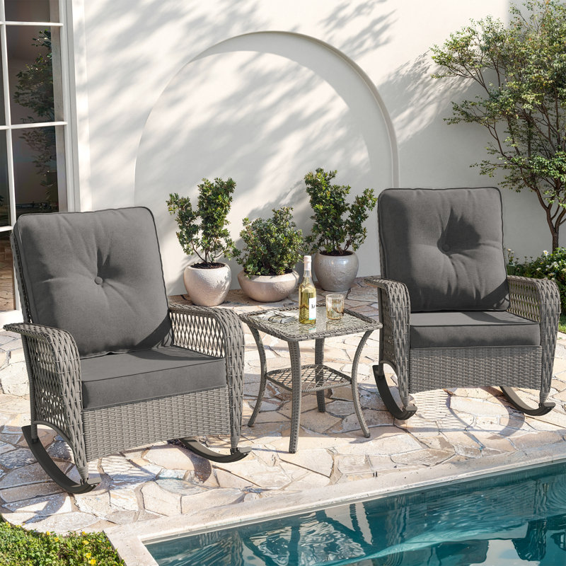 Oversized Outdoor Rocking Chair 3-Piece Set with Cushions & Glass Side Table, Dark Gray Cushion/Gray Frame