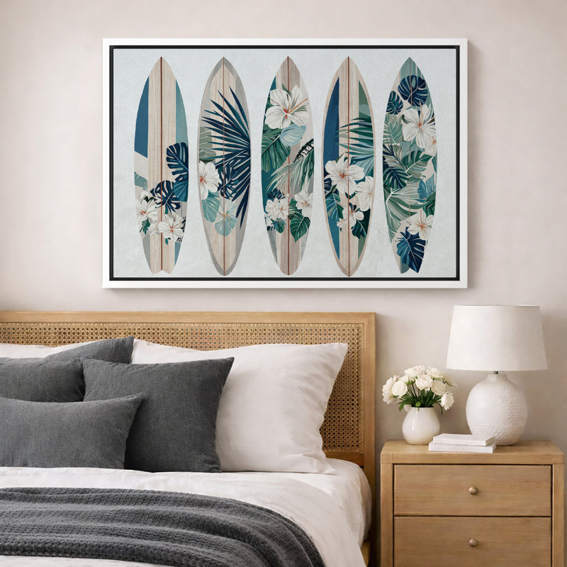 Illustration de planche de surf tropicales, chambre à coucher de plage côtière, impression sur toile encadrée, Cadre blanc