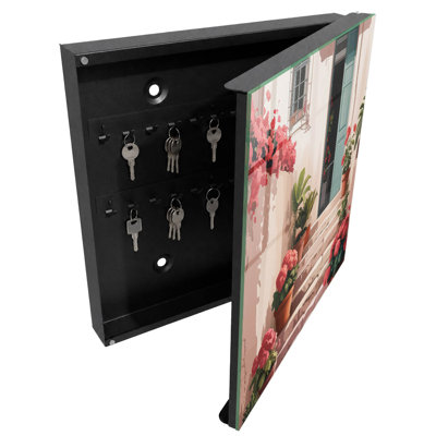 Wall mounted key box, Opens to the right, 30x30x5, White, Flowers in pots on the warm stairs, 