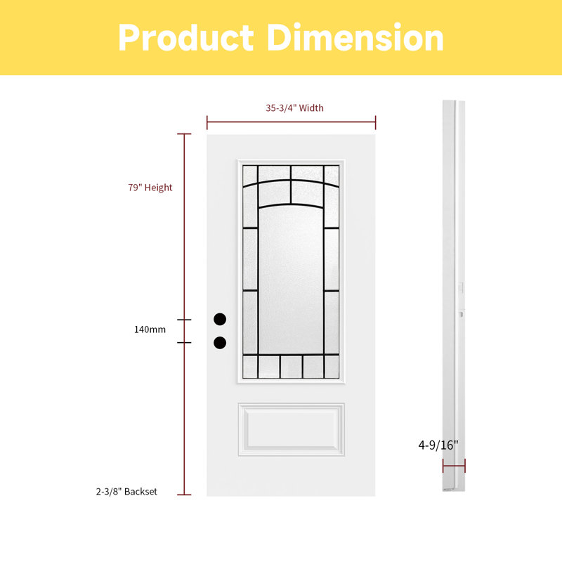 Porte d'entrée extérieure en fibre de verre avec verre décoratif résistant aux intempéries, Droite / vers l'intérieur, Blanc