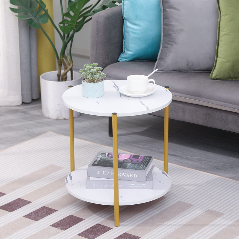 Living Room Marble Effect Sofa Side Table Round With Storage Shelf, 2 Tiers Little End Table Small Coffee Table Snack Tea Table Corner Bedroom Beside Table Nightstand (White)