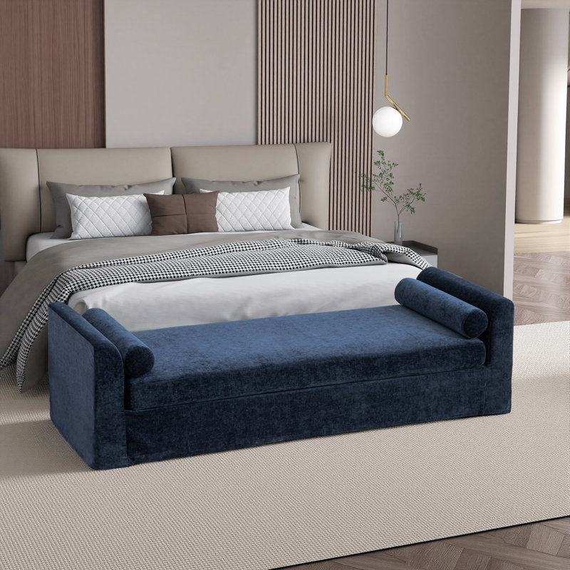 Banc de chambre moderne l 88,6 po, bout de lit rembourré avec accoudoirs de banc et traversins, Marine