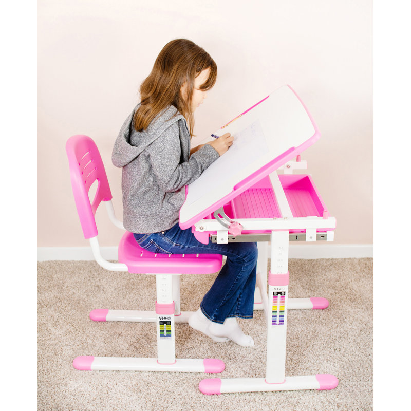Pink Adjustable Height Kids Desk and Chair Set with Drawer