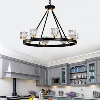 Matte Black + Gold Wagon Wheel Chandelier Farmhouse Modern Small Crystal Round Chandelier for Living Room Kitchen Island Foyer Hallway Entryway Bedroom Rustic Dining Room Light Fixture Ceiling Hanging