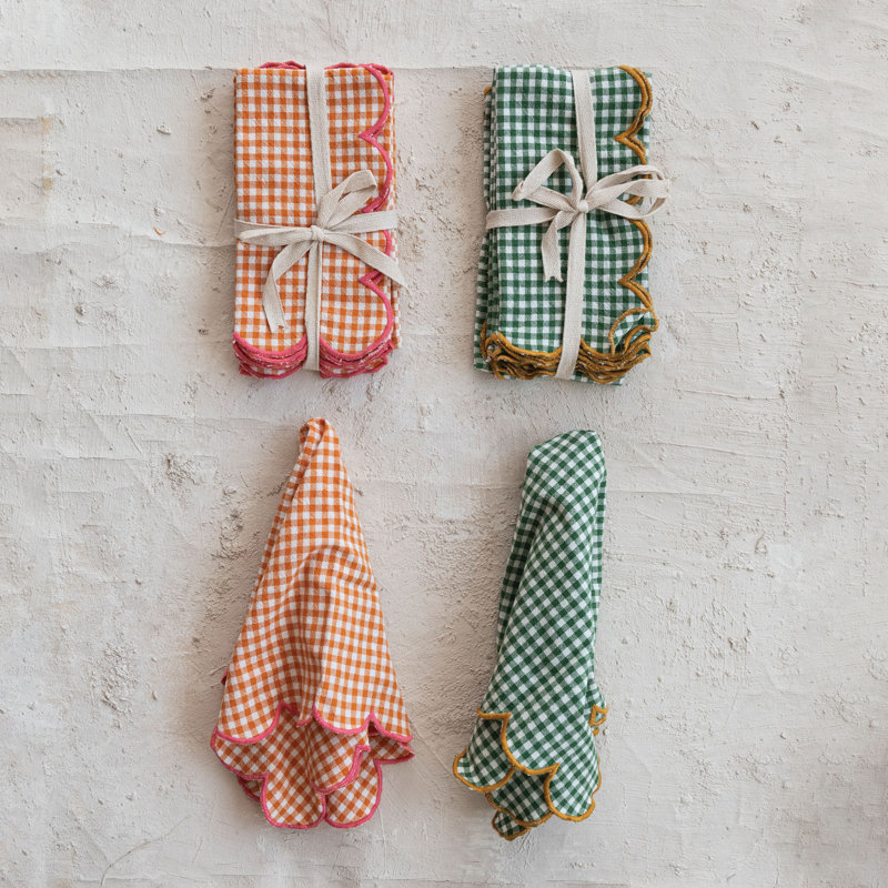 4-Piece Cotton Scalloped Square Napkins With Contrasting Stitched Edges And Check Pattern, Orange, White, And Pink, Orange