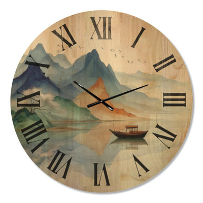 Oversized Lakeside Wood Wall Clock – Serene Landscape with Misty Mountains Fishing