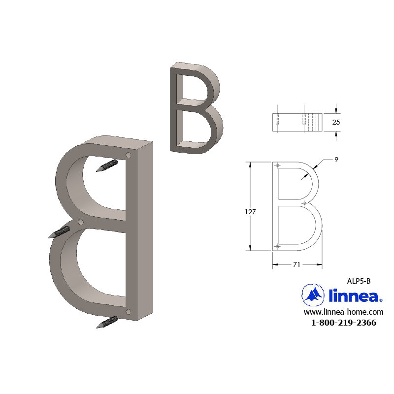 5" Floating Mount House Letter, B, Satin Stainless Steel