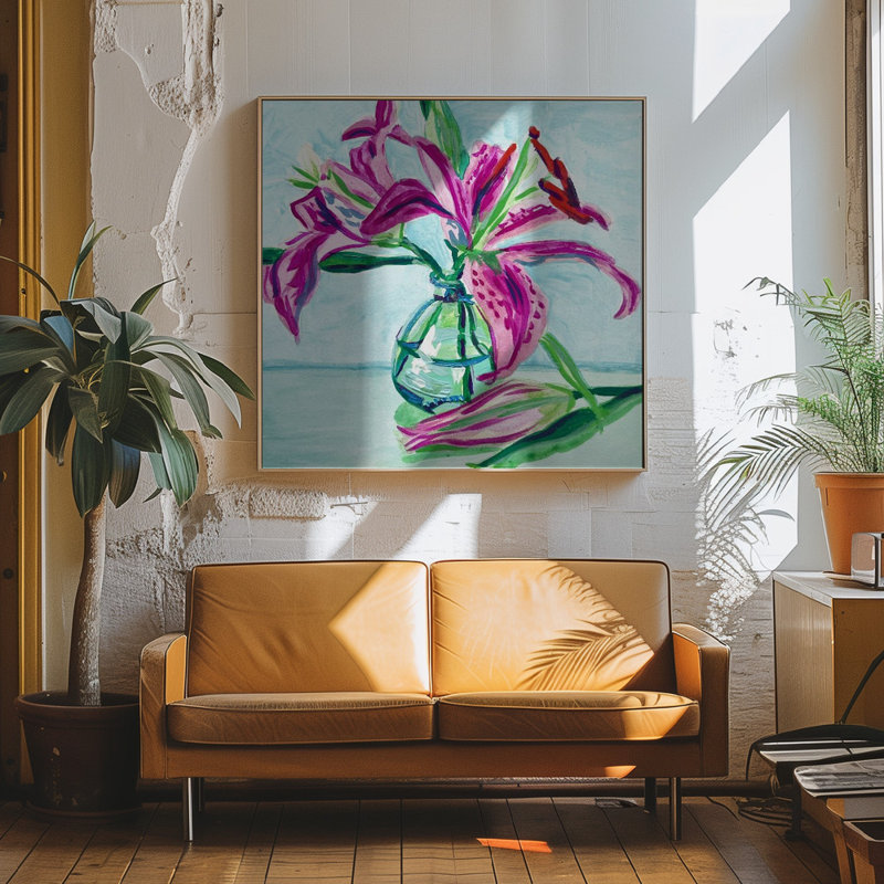 "Lys roses", art mural texturé encadré, H 12 po x l 12 po, Noir