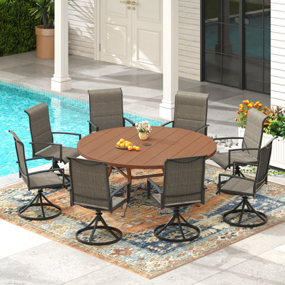 60" Round Patio Dining Set For 8 With Swivel Chairs