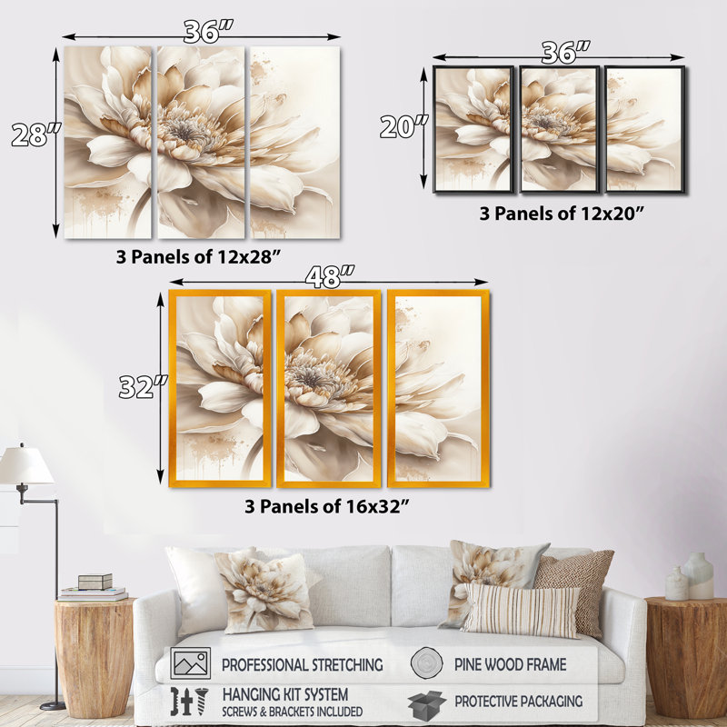 Simple fleur beige III - 3 pièces sur toile tendue, H 28 po x l 36 po x P 1 po