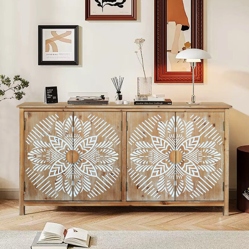 Armoire de 60 po en brun et blanc antique pour le vestibule, avec des motifs complexes de tablettes ouvertes