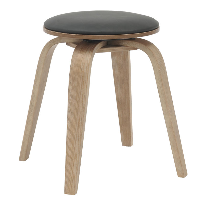 Hoxha Leather Round Dining Stool with Poplar Wood Legs and Swivel, Black/Washed Walnut
