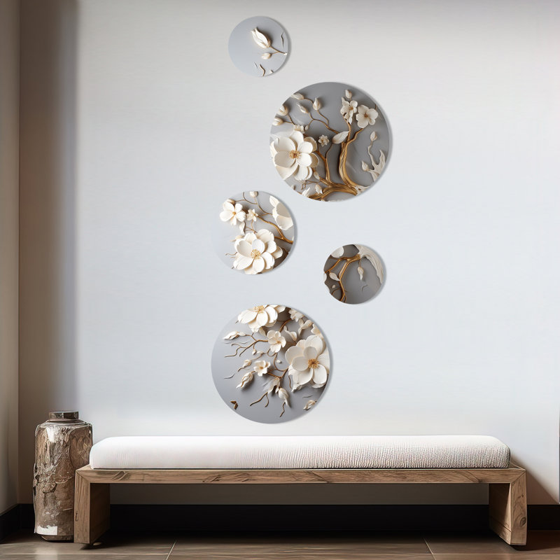 Orchidée blanche jardin de branches 10 - ensemble d'art mural abstrait floral rond de 5