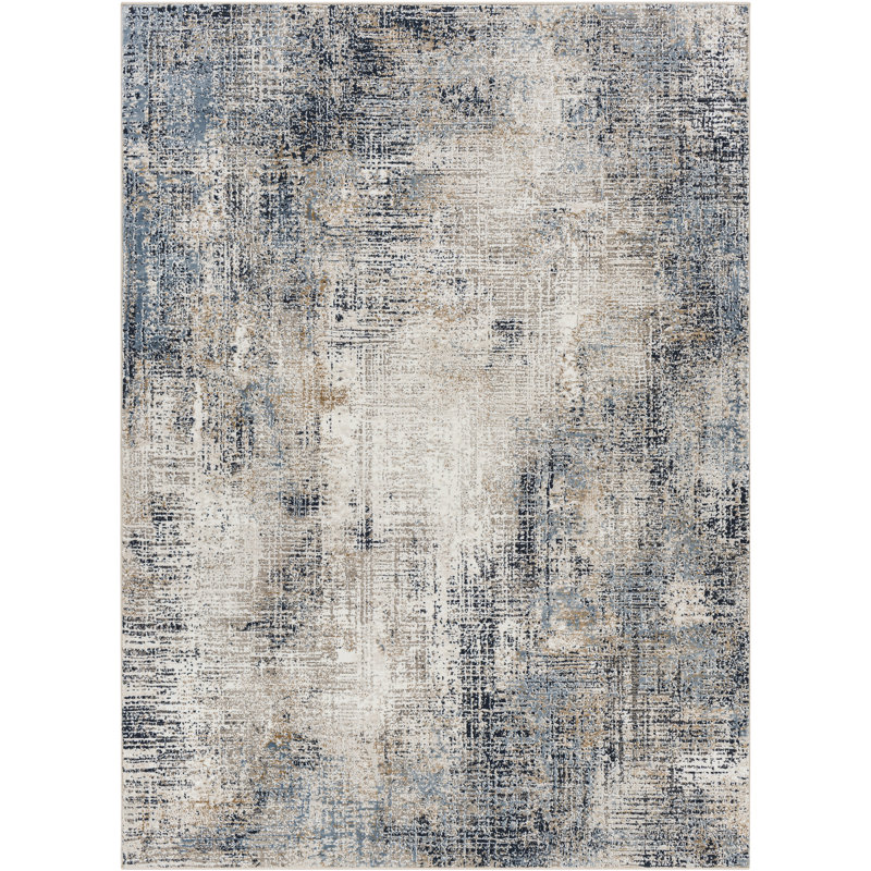 Tapis bleu rectangulaire rectangulaire en polyester tissé à la machine Quanna, Rectangle 5 pi 3 po x 7 pi 3 po