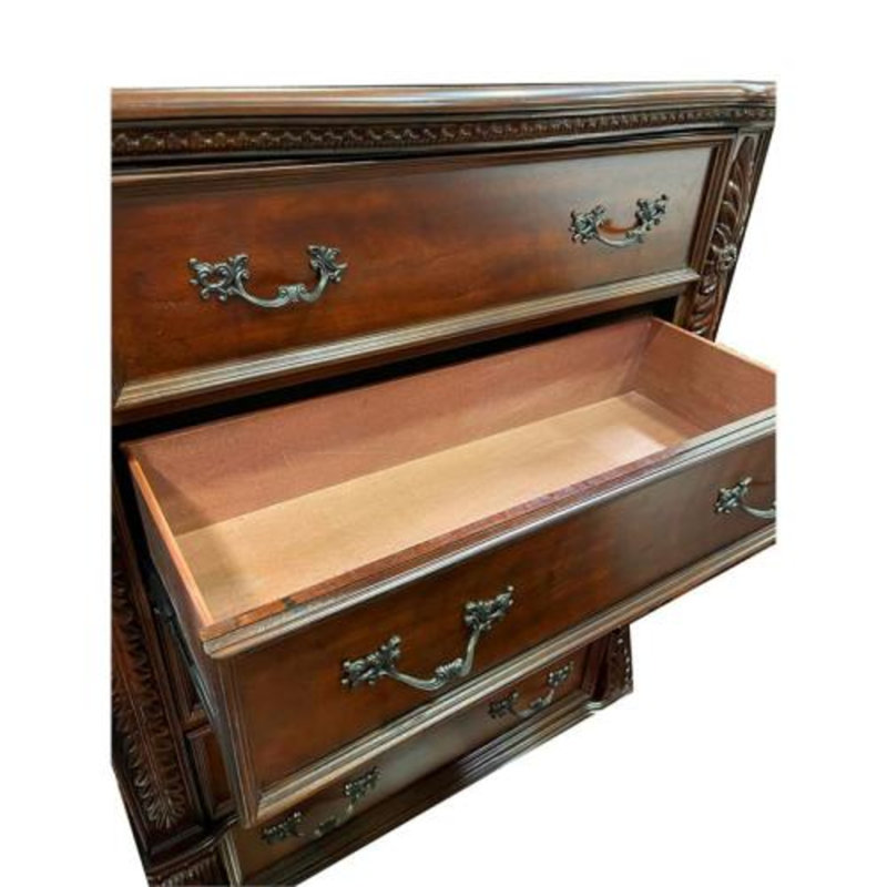 Table de chevet formelle traditionnelle à 3 tiroirs avec plateau en faux marbre, table de chevet en bois massif sculptée à la main, cerisier