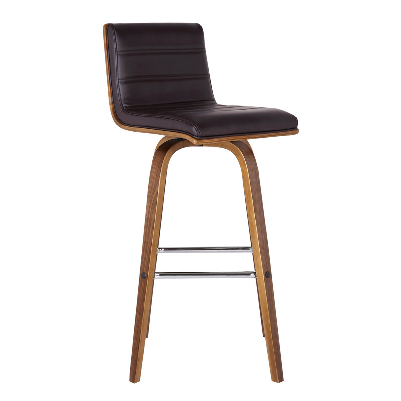 Aluin Mid-century Modern Swivel Counter or Bar Height Bar Stool in Faux Leather and Wood, Brown, 76.2cm, Walnut