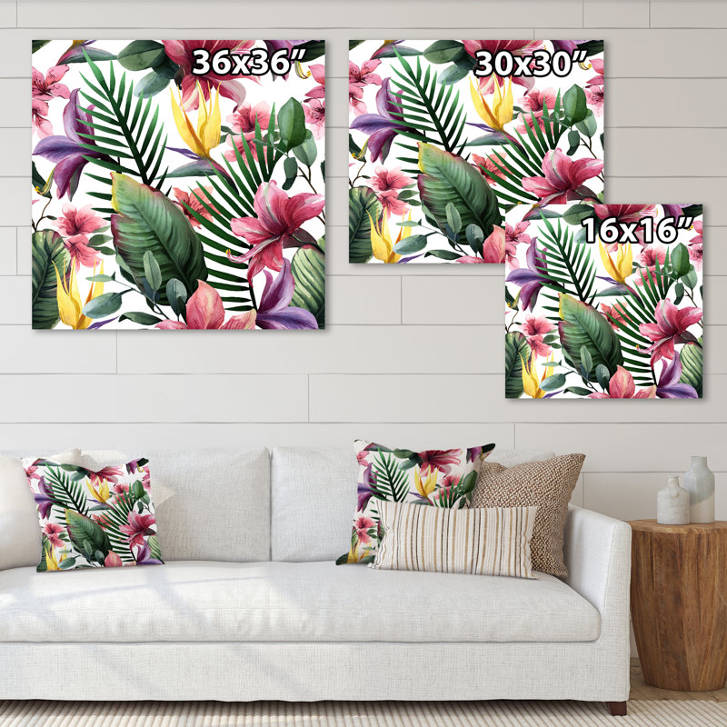 Fleurs tropicales rouges sur fond blanc II - reproduction d'art sur toile traditionnelle, H 36 po x l 36 po x P 1 po