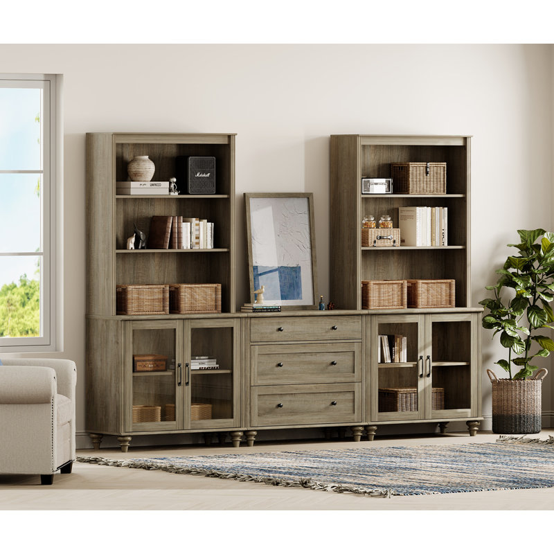 Scarlett 72.1"H X 67.7"W Bookcase With Drawers And Glass Cabinets, Tall Book Case With Open Book Shelfs, Large Wood Bookcases Farmhouse Bookshelves For Living Room Bedroom Home Office Kitchen, 72'