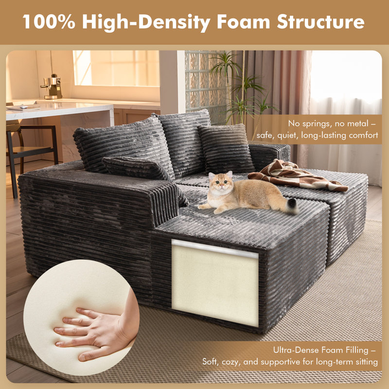 Canapé modulaire en velours côtelé désossé 4 pièces Cloudelle - Aucun assemblage requis, Gris