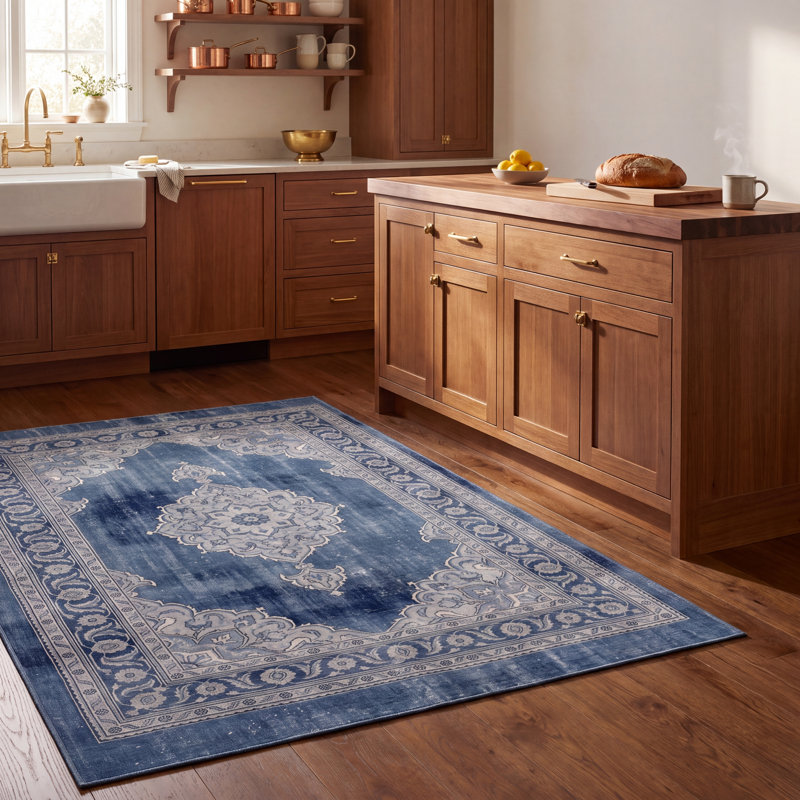 Tapis Summit Traditional Medallion de style persan, bleu, gris et crème, lavable en machine, antidérapant, à poils courts, pour l'intérieur et l'extérieur, adapté aux animaux domestiques, idéal pour le salon, la chambre, la salle à manger, l'entrée, le couloir ou le bureau.